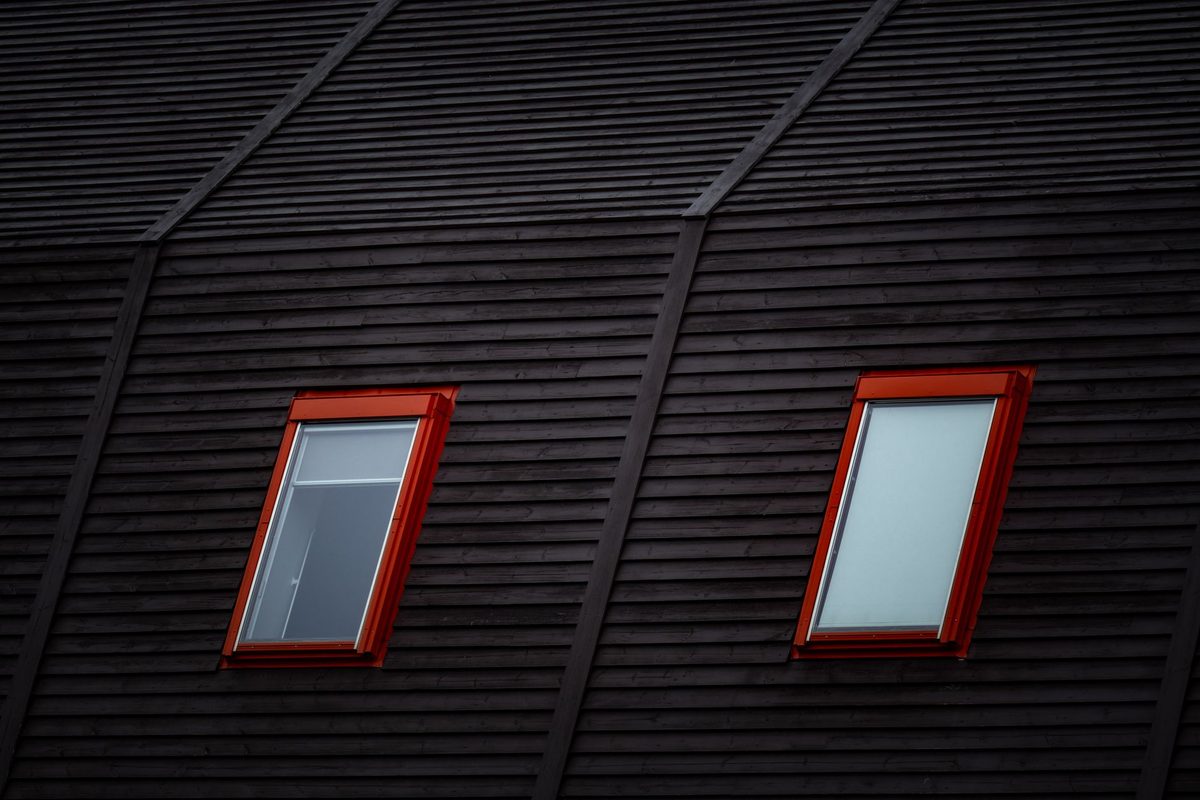 Two roof windows with red frames set into a dark timber roof